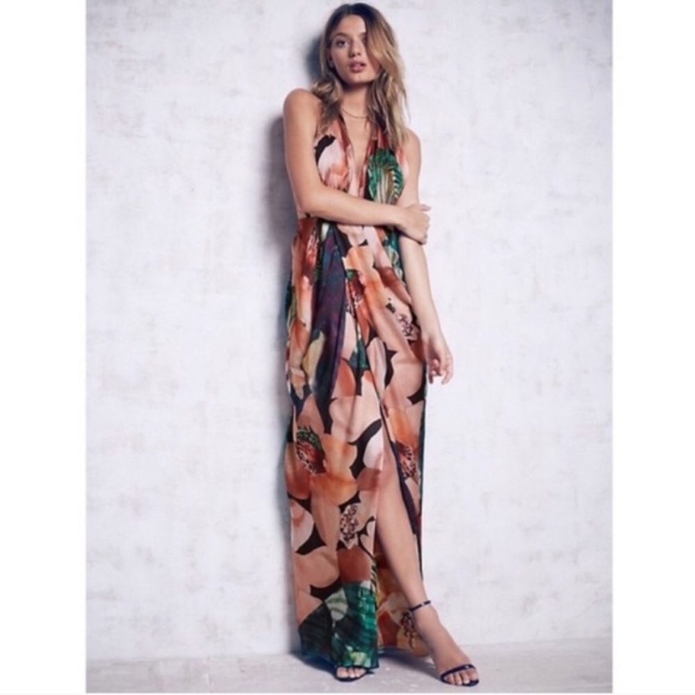 Bariano Floral Maxi Dress in Peach, Green and Black.